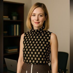 Julie Brown NYC Sleeveless Blouse. Women’s Sz-M |Geometric | Metallic | Unique